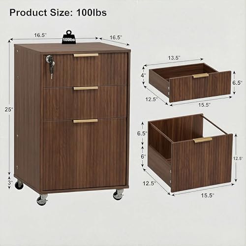 Image of 3 Drawers Fluted Mobile File Cabinet with Lock, Rolling File Cabinet Printer Stand Table, Under Desk Wooden Filing Cabinets for Home Office Essentials Storage Organization Furniture Letters /A4(Walnut)