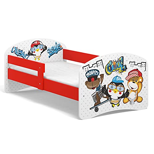 FURNEA | Fairy Tale Kinderbett Jugendbett B02 160x80 mit Motiv/Grafik, Lattenrost, Matratze und Rausfallschutz | Weiß + Rot | Motiv: 08. Cooles Team Cover