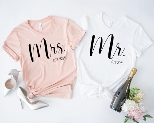 Mr and Mrs Shirts Matching Couple Shirts Just Married Tees Honeymoon Tshirts Wedding Tshirts Cute Couples Outfits Hubby and Wifey Tshirts Custom Date Est2