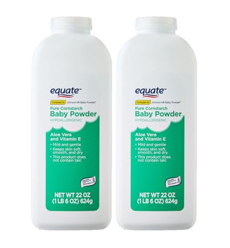 Equate Pure Cornstarch Baby Powder with Aloe Vera and Vitamin E, Hypoallergenic, Talc-Free - 22 oz (Pack of 2)