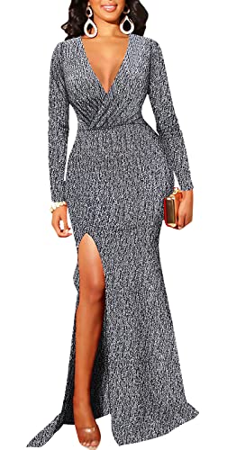 Image of Formal Long Sleeve Dress for Women Sequin Bodycon Ruched Sparkly Dresses