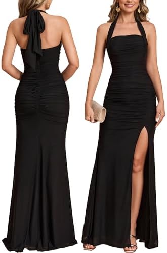 Women Bodycon Maxi Dress High Slit Halter Tie Ruched Long Formal ...