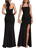 Women Bodycon Maxi Dress High Slit Halter Tie Ruched Long Formal Cocktail Wedding Guest Dresses Black