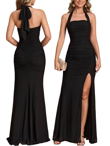 Women Bodycon Maxi Dress High Slit Halter Tie Ruched Long Formal Cocktail Wedding Guest Dresses Black
