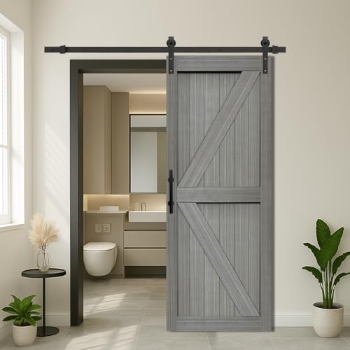 S&Z TOPHAND 32in x 84in MDF Elephant Gray Barn Door with 6.6FT Sliding Hardware Kit Solid Slab Covered with Water-Proof PVC Surface/Simple Assembly is Required