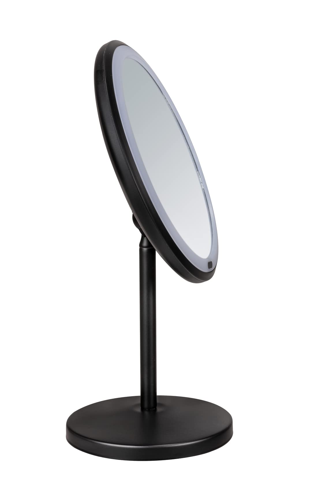 WENKO Miroir de maquillage à LED sur pied Onno, éclairage LED variable, grossissement 5x, allumage/extinction tactile, fonctionne sur piles ou par câble USB, 20x34x13,5 cm, noir
