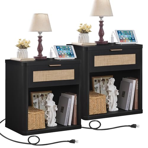Image of LEYAOYAO Rattan Nightstands Set of 2 with Charging Station, Black Night Stand with Drawer, 23 inch Wide Boho Bedside Table with Storage Shelf, Bed Side End Tables for Bedroom, Living Room, Hallway