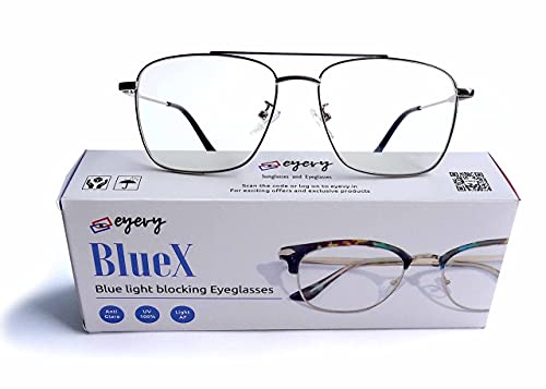 Image of BlueX Blue cut Computer glasses (E03006M) | Zero power transparent Eyeglasses | Anti Glare & UV light blocking spectacles | Square Metal Frame - For Men and Women