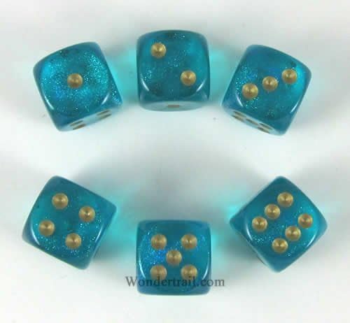 Wondertrail Teal Borealis with Gold Pips 16mm D6 Dice Set of 6 WCX27686E6
