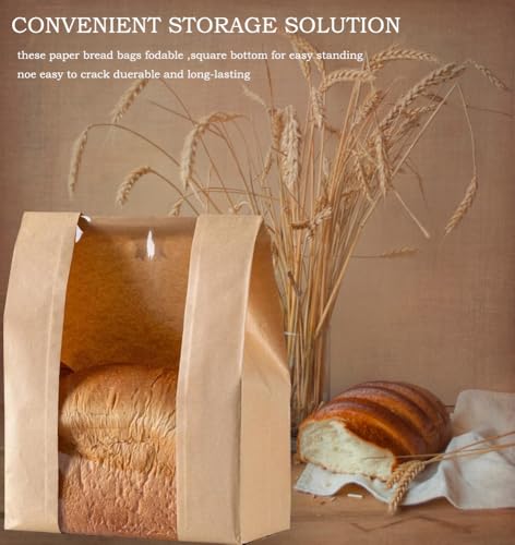 25 Pcs Large Paper Bread Bags for Homemade Bread, Kraft Paper Bakery Bags with Clear Window Includes Label Seal Stickers, Baked Loaf Gifting Bag Bonus Label Seal Stickers 13.7x8.3x3.6 inch(25)
