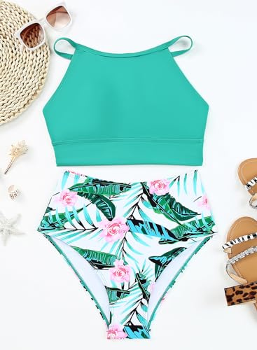Image of Herseas Women's Bikini Sets High Neck Tropical Leaf Print High Waisted Two Pieces Swimsuits Bathing Suits