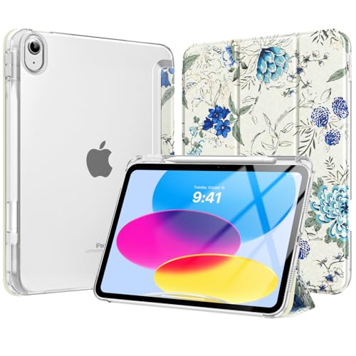 Coque iPad 11 Pouces 2025 et 10e Génération Fleur Bleue avec Porte-Stylet