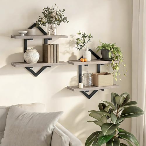 Image of HOOBRO Floating Shelves, 15 Inch Wall Shelf Set of 2, Wall Mounted Storage Shelves 2-Tier, Hanging Bathroom Shelves, for Living Room, Bedroom, Bathroom, Kitchen, Greige and Black BG13BJP201