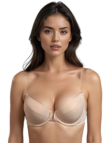 VIVISENCE Damen Push Up BH Rueckenfrei Mit Silikonband Abnehmbaren Traegern Komfortabler Halt Fuer Abendkleider Und Offene Ruecken Beige 85B