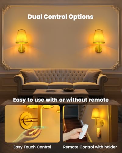 Image of TECOMLIGHT Battery Operated Wall Sconces Lights for Bedroom Set of 2, Wireless Rechargeable LED Wall Lamp with Remote & Touch Control, Wall Mount Lighting Fixture for Living Room, Satin Gold