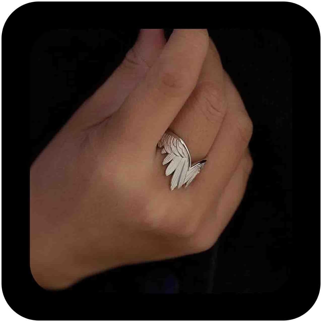Vintage Adjustable Angel Wing Open Ring Silver Feather Cuff Wing Ring Gothic Angel Wings Statement Wrap Rings Jewelry for Women