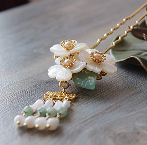 Miniatura 5 de Original hecho a mano latón clásico cierre de pelo concha perla decoración chino estilo tradicional palillos chales alfileres palillos para el pelo,