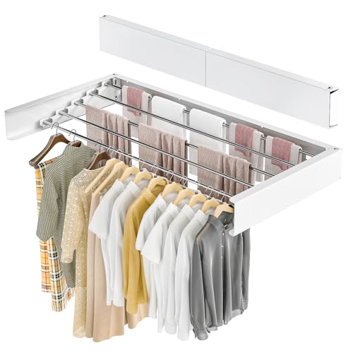GROWNEER 100 cm x 40 cm x 10cm Wall Mounted Clothes Airer Retractable Foldaway Laundry Clothes Drying Rack 30kg Capacity With 5 Rods for Indoor Outdoor Saving Space (White)