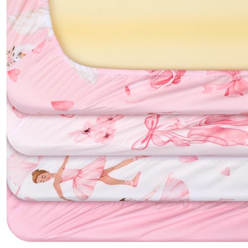 Image of VitalCozy 4 Pcs Pink Bow Ballerina Crib Sheet Set Newborn Bedding Nursery Baby Sheets for Girl Boys Baby Gifts for Standard Crib and Toddler Mattresses, 52 x 28 x 8 Inches