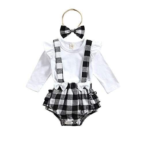 Newborn Baby Girl Christmas Outfit Ruffle Solid Long Sleeve Top Buffalo Plaid Suspender Shorts Headband Fall Clothes (Buffalo Plaid-Black,0-3 Months)