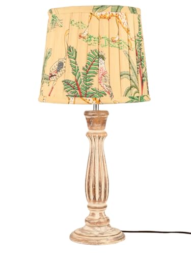 Image of Green Girgit Athens Wooden Lamp in Distress White Color with Pleeted Multiolor Green Shade, Vintage Style Table Lamp with Tropical Print Shade, Decorative Bedroom Lighting (LED Bulb Included)