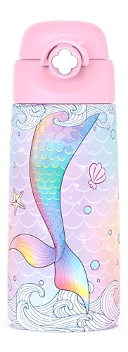Ntswasd Girls Insulated Water Bottle with Covered Pop-Up Straw 16 oz Kids Cups with Stainless Steel Leak Proof for School PinkMermaid
