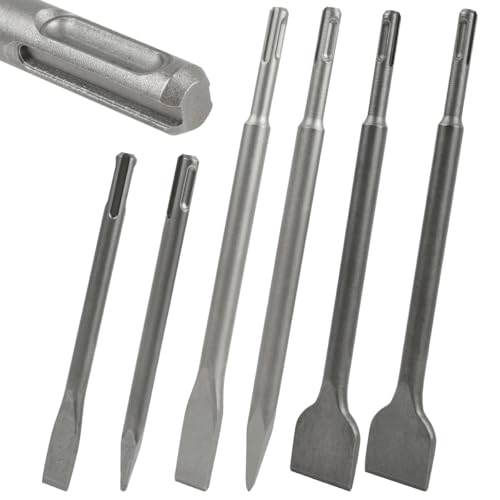 6PCS Burins SDS-Plus Poignée Ronde Burin SDS MAX Ciseaux à Béton Carrelage Pierre Maçonnerie 40CR Poignée Ronde Burin Plat SDS pour Perforateur Burineur,...