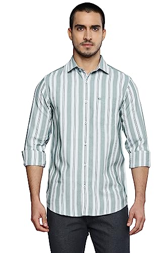Image of Allen Cooper Pure Cotton Striped Full Sleeve Shirts for Men(67OW-42) Olive-White