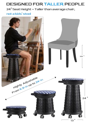 Image of 2026 Upgraded 3XL Rolling Collapsible Stool with Wheels | 1000lbs Capacity, 24-in Taller & 13-in Wider Retractable Stool for Adults, Thick Swivel Cushion & 5 Silent Casters, for Home, Garage, Kitchen