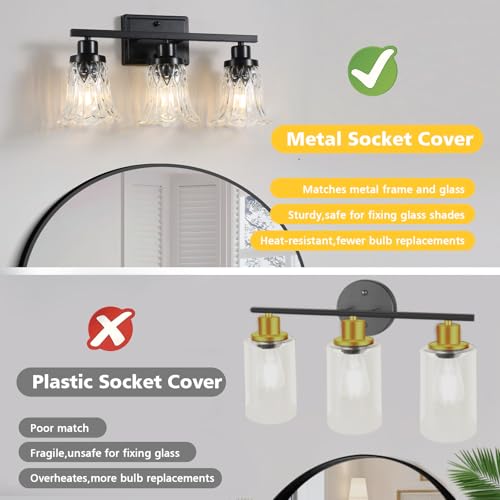 Image of JOPESO Bathroom Light Fixtures,Matte Black 3-Light Bathroom Lights Over Mirror with Glass Shade,Bathroom Wall Sconce Lamp for Mirror Living Room Bedroom Hallway (Black, 3-Light)