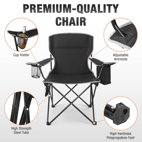 Image of Romswi 2 Pack Lightweight Camping Chairs for Adults, Folding Outdoor Chair with 4-Can Cooler Bag, Collapsible Chair with Cup Holder for Camping, Beach, Lawn, Fishing, Black