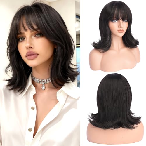 Haloo Brown Short Bob Wigs with Bangs Shoulder Length Wavy