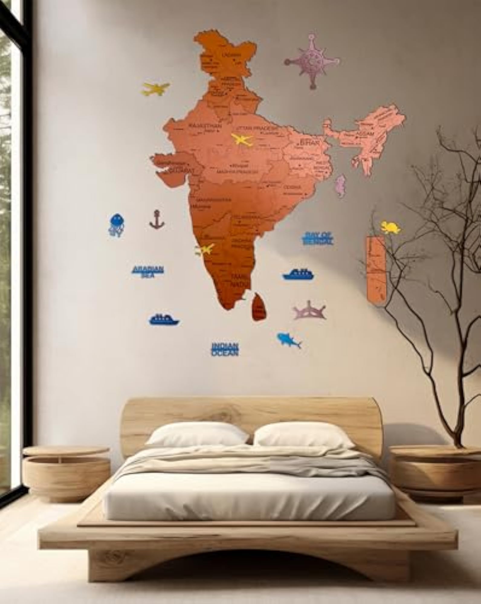 3D Wooden India Map Wall Decor, Metallic Copper Finish