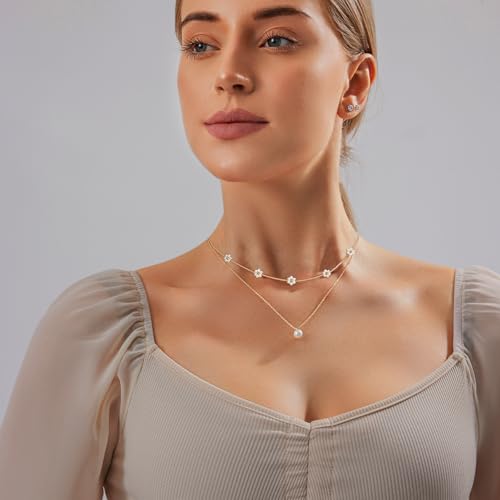 Image of Zeffy Gold Pearl Necklace for Women, Dainty 14K Gold /Silve Plated Layered Pearl Choker Pearl Earrings Pearl Bracelets Wedding Trendy Gold Jewelry Set for Women Gifts