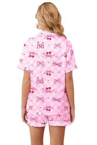 Image of Umeyda Women & Girls Pajamas Set, 2 Piece PJS Satin Silk Sleepwear Button-Down Top with Shorts for Mom Kids Gifts