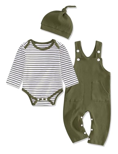 Image of oklady Baby Boy Clothes Stripe Pattern Print Romper Top and Baby Overalls with Hat 0-18 Months Baby Boy Outfits