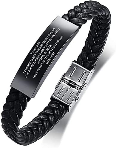 PJ JEWELLERY Son Gifts Personalised Mens Bracelets Engraved Always Remember You are Braver Leather Bracelet to Son from Mom Dad Graduation Inspirational Jewellery 18th Birthday Gifts for Boys