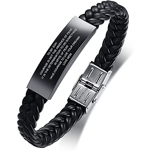 PJ JEWELLERY to My Son Gift from Mom Dad Always Remember Leather Bracelets Birthday Graduation Anniversary Inspirational Gift for Men Boy, 8.2 inches, Metal, no gemstone
