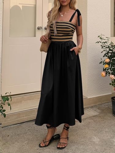 Women Summer Tie Spaghetti Strap Striped Dresses Sleeveless Stretch Flowy Maxi Sundress Beach Dress with Pockets4
