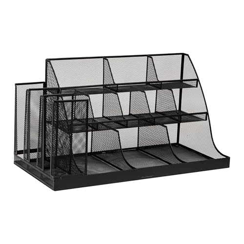 Mind Reader CMG2MESH-BLK 14-Compartment Coffee Cup and Condiment Countertop Organizer, Metal Mesh, 23.75" L x 11.5" W x 12.5" H, Black