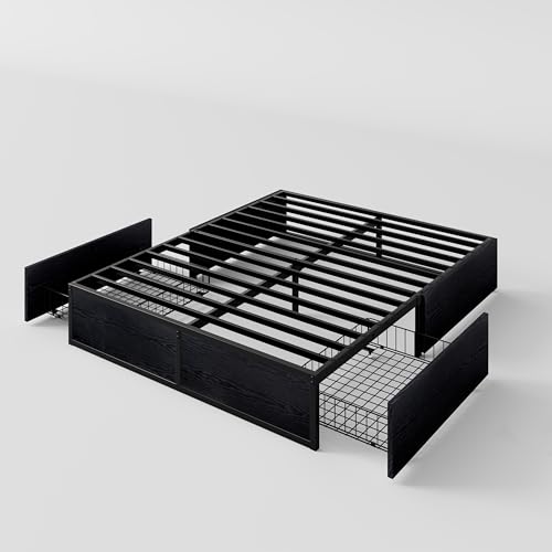 SHA CERLIN Queen Platform Bed Frame with 2 Large Storage Drawers - Heavy Duty Metal & Rustic Wood, Noise-Free, No Box Spring Needed, Black