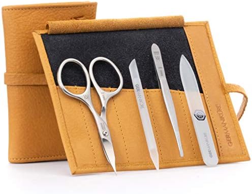 GERMANIKURE 4pc Mini Professional Manicure Set in Yellow Leather Case - FINOX Stainless Steel Tools Made in Solingen Germany, Glass Nail Care Supplies Made in Czech Republic