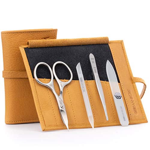 GERMANIKURE 4pc Mini Professional Manicure Set in Yellow Leather Case – FINOX Stainless Steel Tools Made in Solingen Germany, Glass Nail Care Supplies Made in Czech Republic