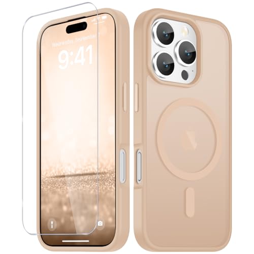 Image of YENAPOON for iPhone 16 Pro Case, Matte Magnetic Phone Cover [with 1 Screen Protector] [Support for MagSafe] [Shockproof Military Grade Protection] Translucent Frosted Back, Coral Pink