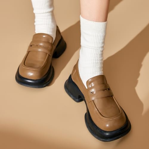 Image of BEAU TODAY Chunky Loafers Women,Patent Full Grain Leather Loafers for Women,Comfortable Slip-on Fashion Platform Shoes, Non Slip Business Casual Work Office Square Toe Dress Shoes