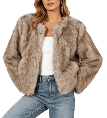 Manteau en fausse fourrure Amazhiyu veste d'hiver à col rond et poches pour femme
