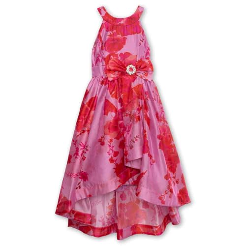 Speechless Girls' Sleeveless Halter Neck Organza High Low Tea Length Dress with Rhinstone Trim Bow