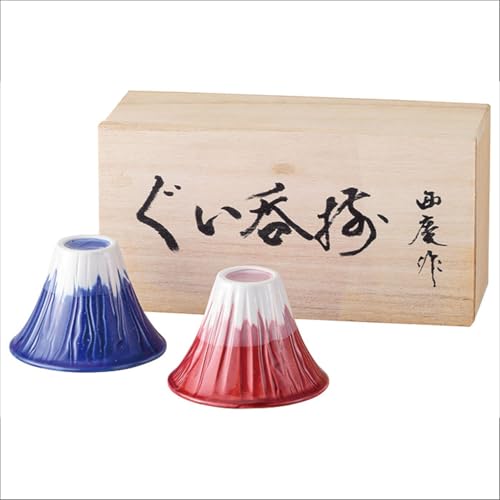 Waraku Fuuka Japanese Sake Cup Mount Fuji Design Wine Soju Porcelain Ochoko Gifts (Blue Red, 2 Ochiko)