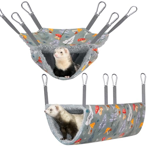 Bienbee 2 Pcs Ferret Rat Hammock Set for Cage Washable Guinea Pig Hideout Bed Soft Small Animal Hammock Tunnel Toys Ferret Cage Accessories for Hedgehog Sugar Glider Squirrel Hamster, Grey Mushroom