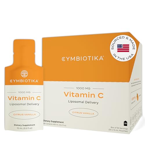 CYMBIOTIKA Vitamin C Individual Packets Liposomal Delivery Supplement for Immune Support Collagen Boost & Healthy Aging Skin Hydration Packets Citrus Vanilla Flavor 30 Count